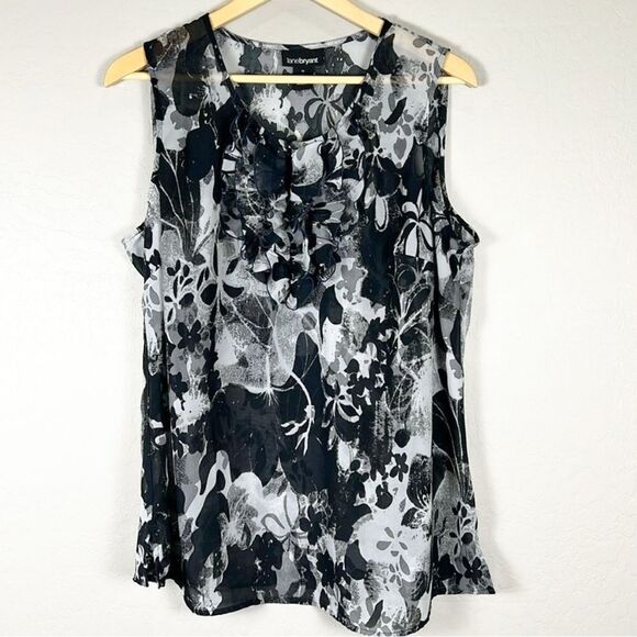 Lane Bryant Floral Ruffle Blouse Black Gray White Sheer Sleeveless Top 16 Plus - Picture 2 of 10